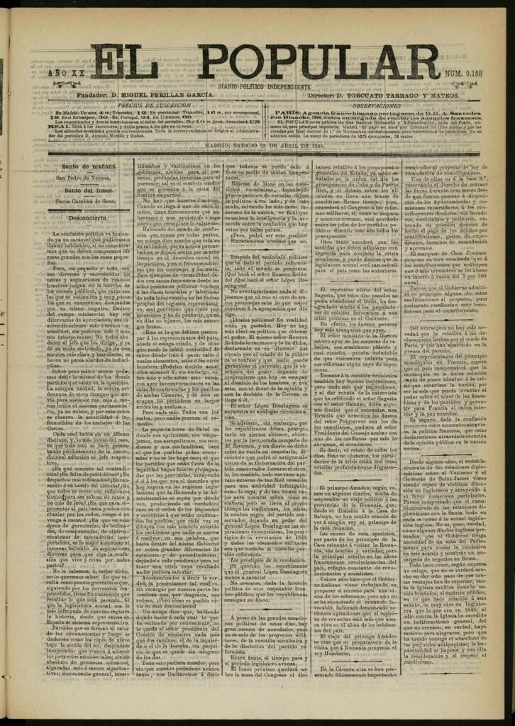 Miniatura de El Popular: diario independiente, político, literario y de noticias de interés general del 28 de abril de 1888, nº 9158
