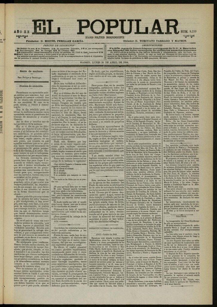 Miniatura de El Popular: diario independiente, político, literario y de noticias de interés general del 30 de abril de 1888, nº 9159