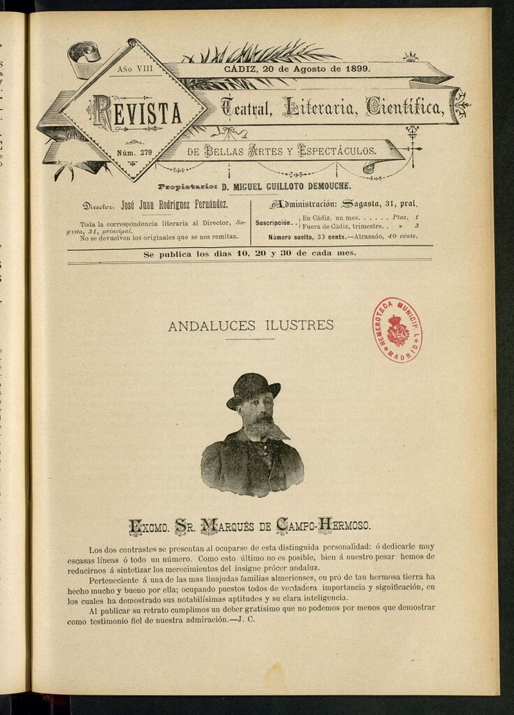 Miniatura de Revista Teatral, Literaria, Científica, de Bellas Artes y Espectáculos. Nº 279