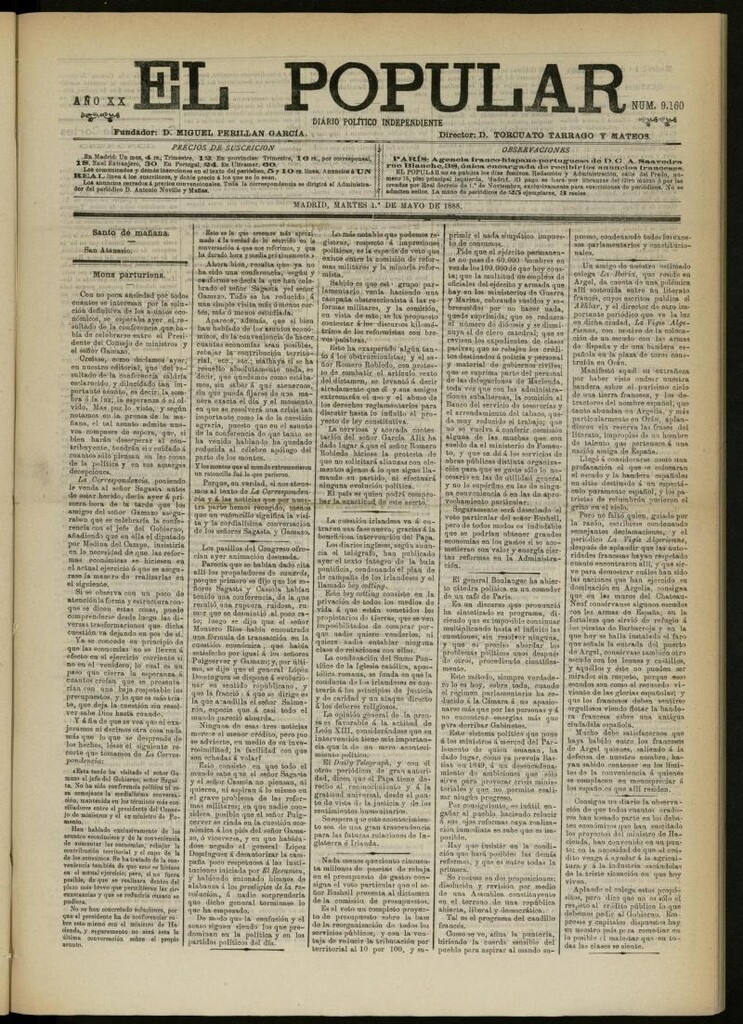Miniatura de El Popular: diario independiente, político, literario y de noticias de interés general del 1 de mayo de 1888, nº 9160