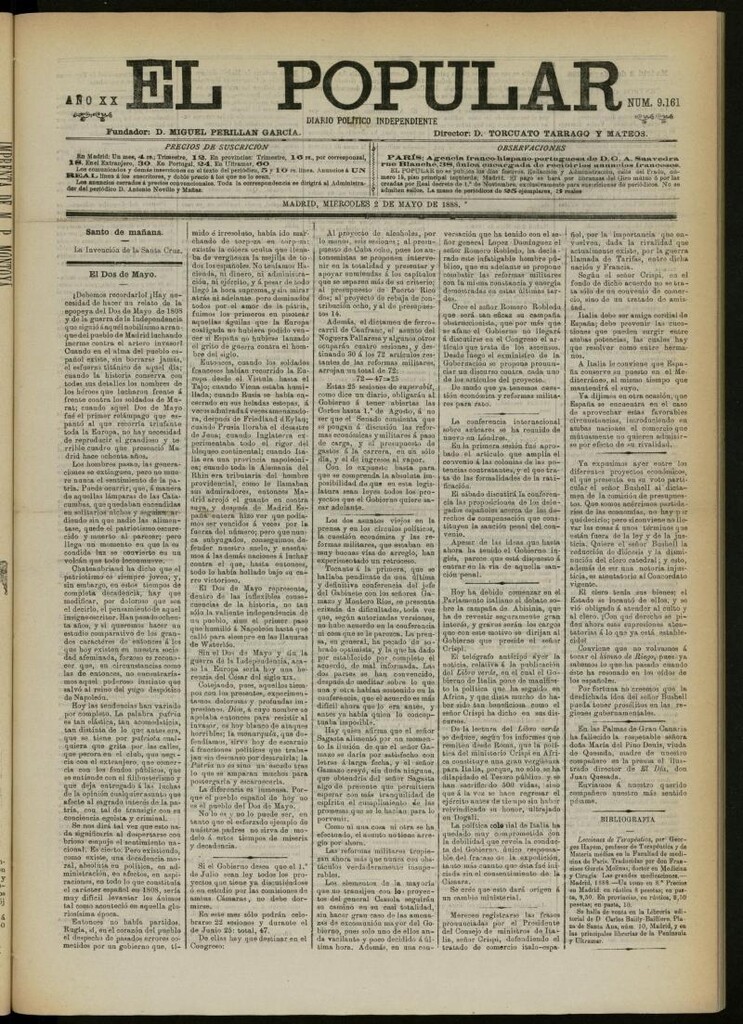Miniatura de El Popular: diario independiente, político, literario y de noticias de interés general del 2 de mayo de 1888, nº 9161