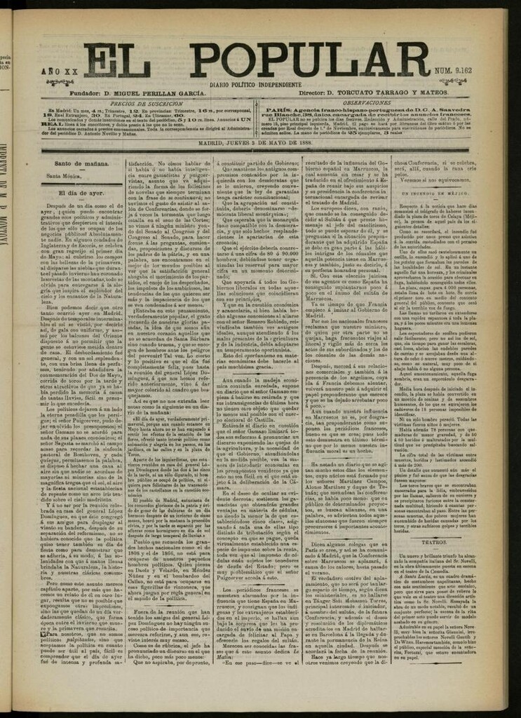 Miniatura de El Popular: diario independiente, político, literario y de noticias de interés general del 3 de mayo de 1888, nº 9162