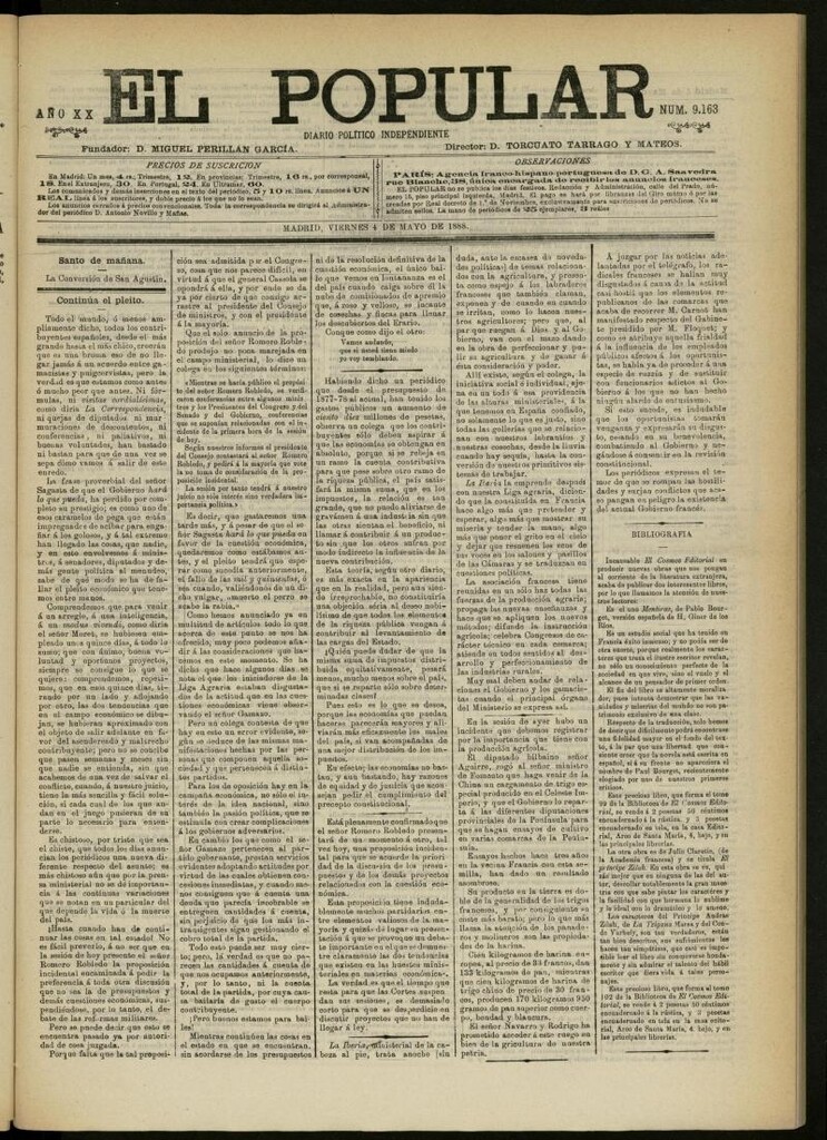 Miniatura de El Popular: diario independiente, político, literario y de noticias de interés general del 4 de mayo de 1888, nº 9163