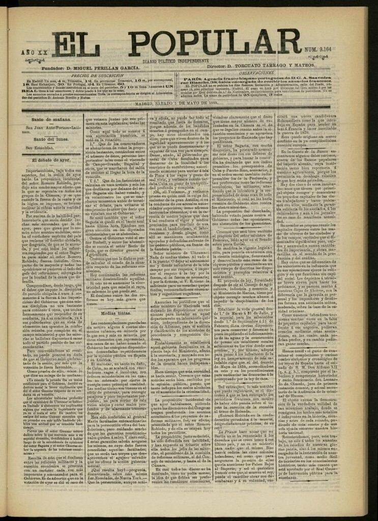 Miniatura de El Popular: diario independiente, político, literario y de noticias de interés general del 5 de mayo de 1888, nº 9164