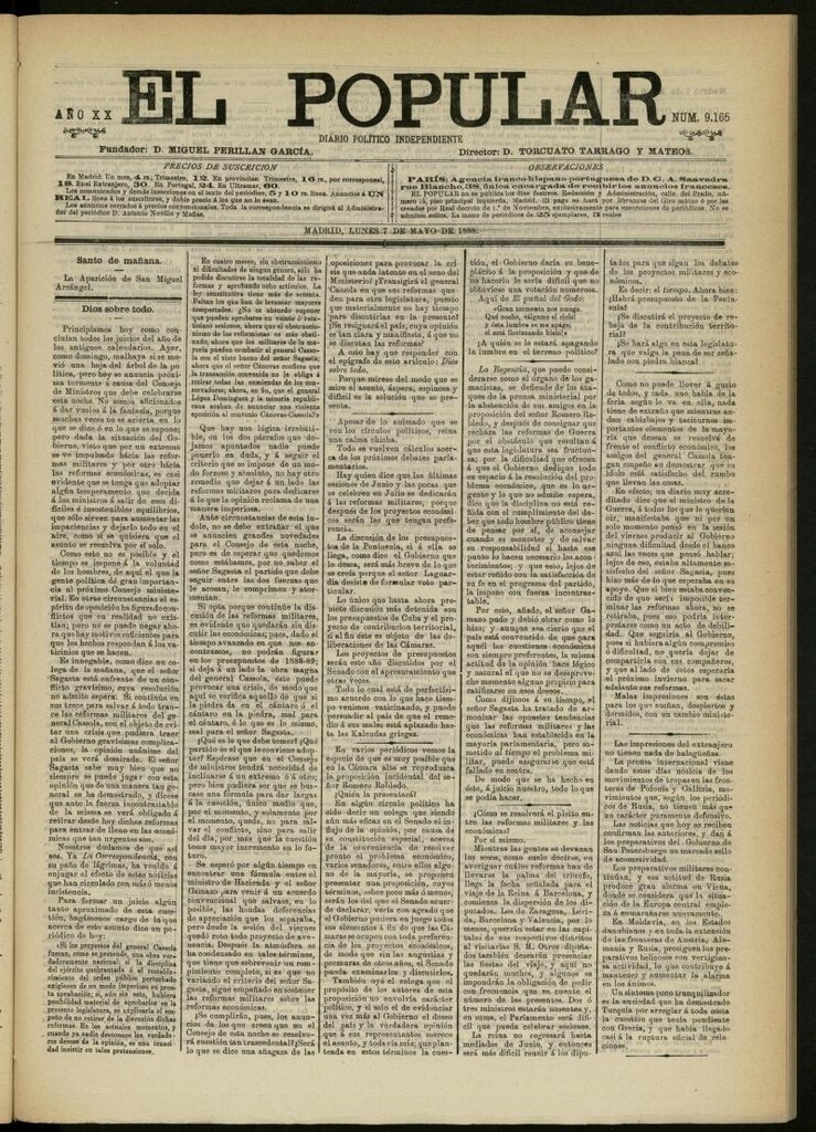 Miniatura de El Popular: diario independiente, político, literario y de noticias de interés general del 7 de mayo de 1888, nº 9165