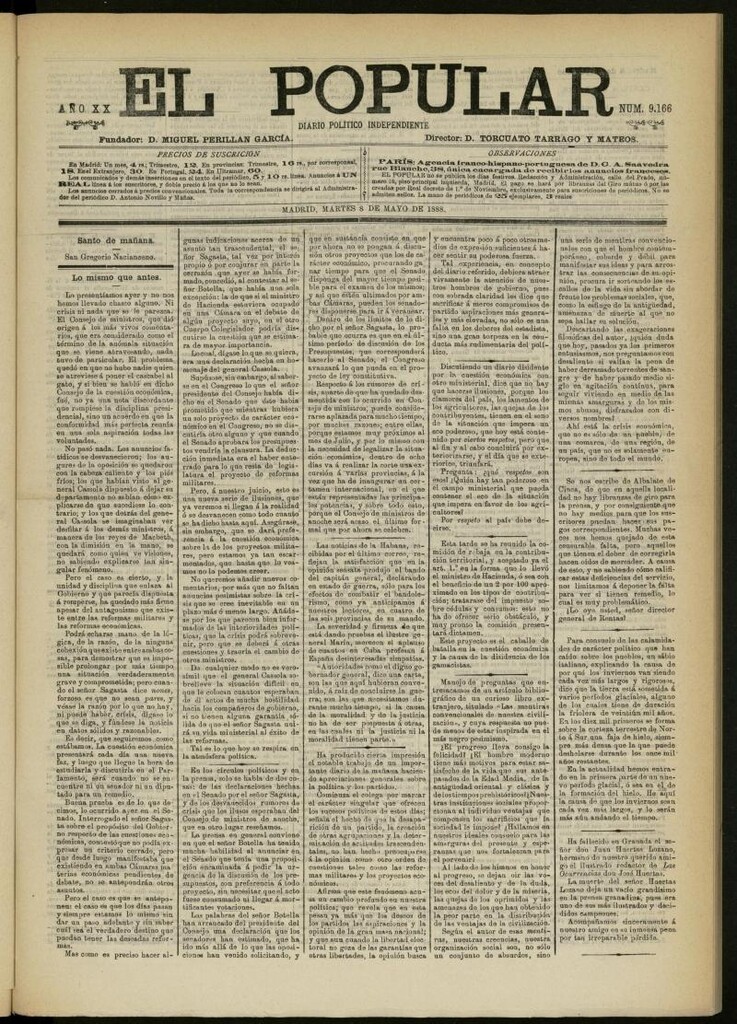 Miniatura de El Popular: diario independiente, político, literario y de noticias de interés general del 8 de mayo de 1888, nº 9166