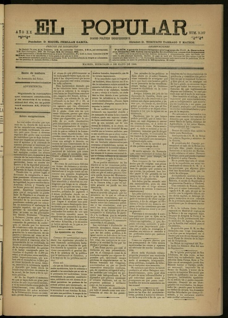 Miniatura de El Popular: diario independiente, político, literario y de noticias de interés general del 9 de mayo de 1888, nº 9167