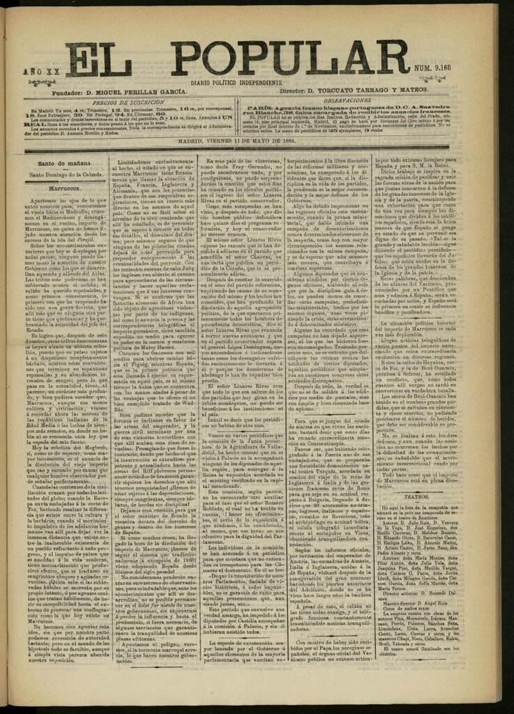 Miniatura de El Popular: diario independiente, político, literario y de noticias de interés general del 11 de mayo de 1888, nº 9168