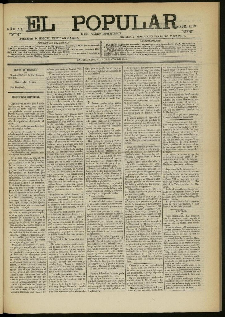 Miniatura de El Popular: diario independiente, político, literario y de noticias de interés general del 12 de mayo de 1888, nº 9169