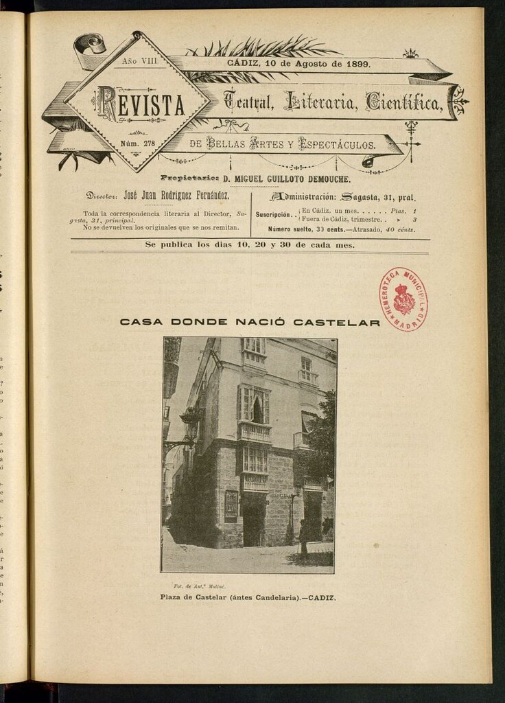 Miniatura de Revista Teatral, Literaria, Científica, de Bellas Artes y Espectáculos. Nº 278
