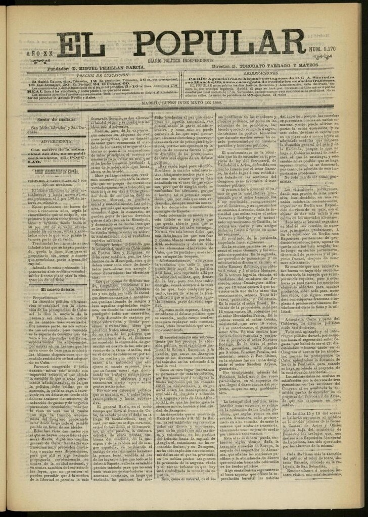 Miniatura de El Popular: diario independiente, político, literario y de noticias de interés general del 14 de mayo de 1888, nº 9170