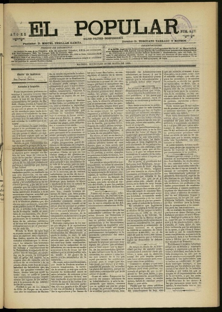 Miniatura de El Popular: diario independiente, político, literario y de noticias de interés general del 16 de mayo de 1888, nº 9171