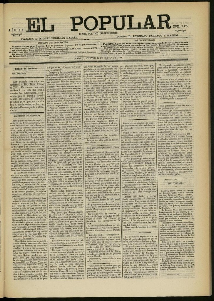 Miniatura de El Popular: diario independiente, político, literario y de noticias de interés general del 17 de mayo de 1888, nº 9172