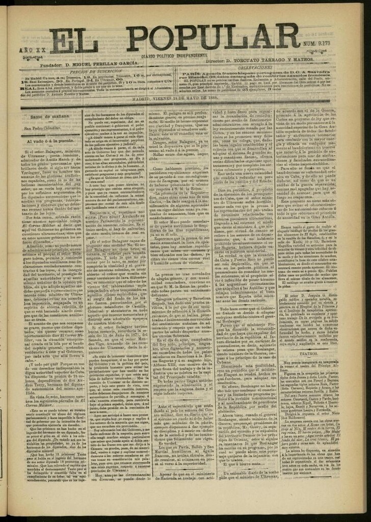Miniatura de El Popular: diario independiente, político, literario y de noticias de interés general del 18 de mayo de 1888, nº 9173