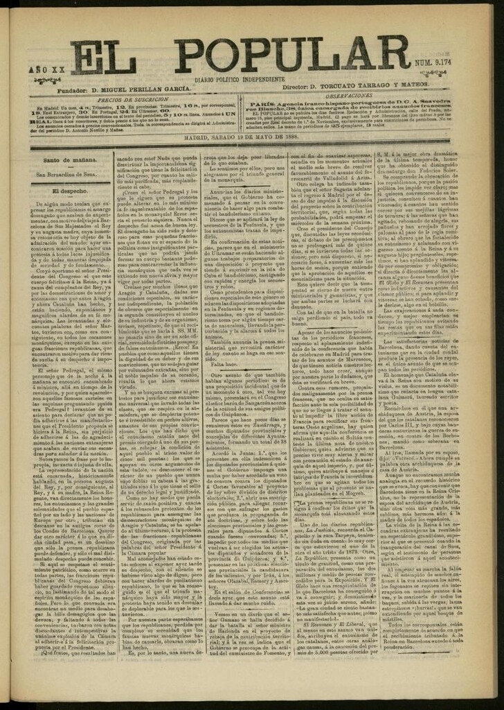 Miniatura de El Popular: diario independiente, político, literario y de noticias de interés general del 19 de mayo de 1888, nº 9174