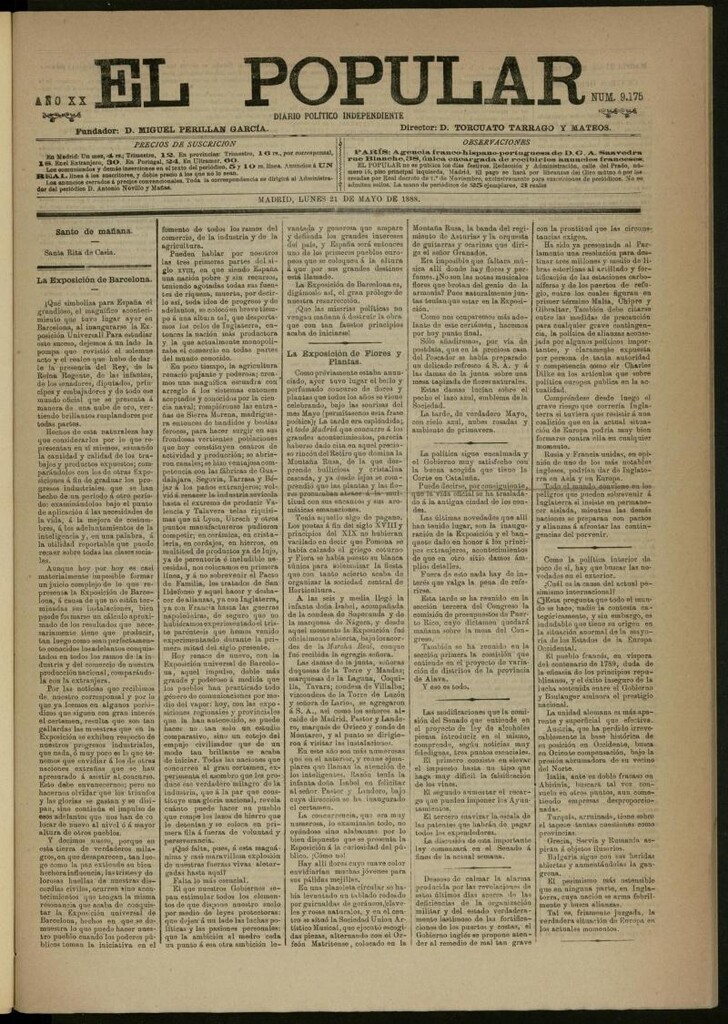 Miniatura de El Popular: diario independiente, político, literario y de noticias de interés general del 21 de mayo de 1888, nº 9175