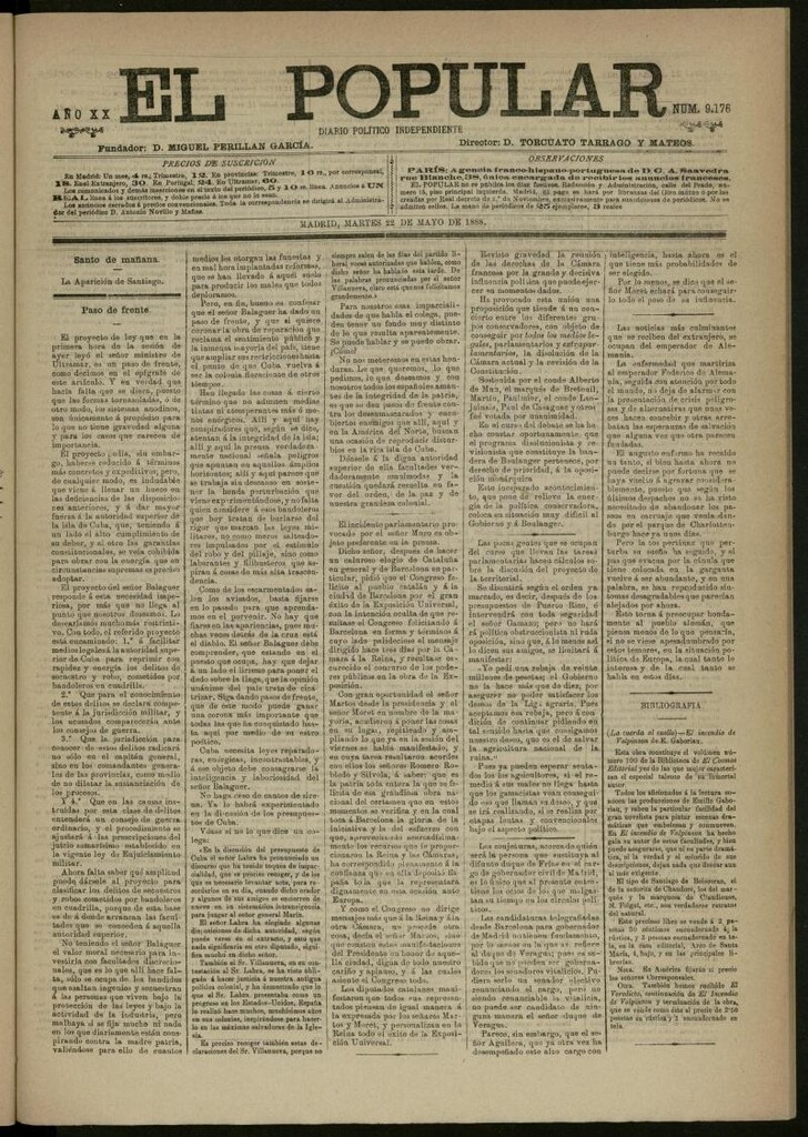 Miniatura de El Popular: diario independiente, político, literario y de noticias de interés general del 22 de mayo de 1888, nº 9176