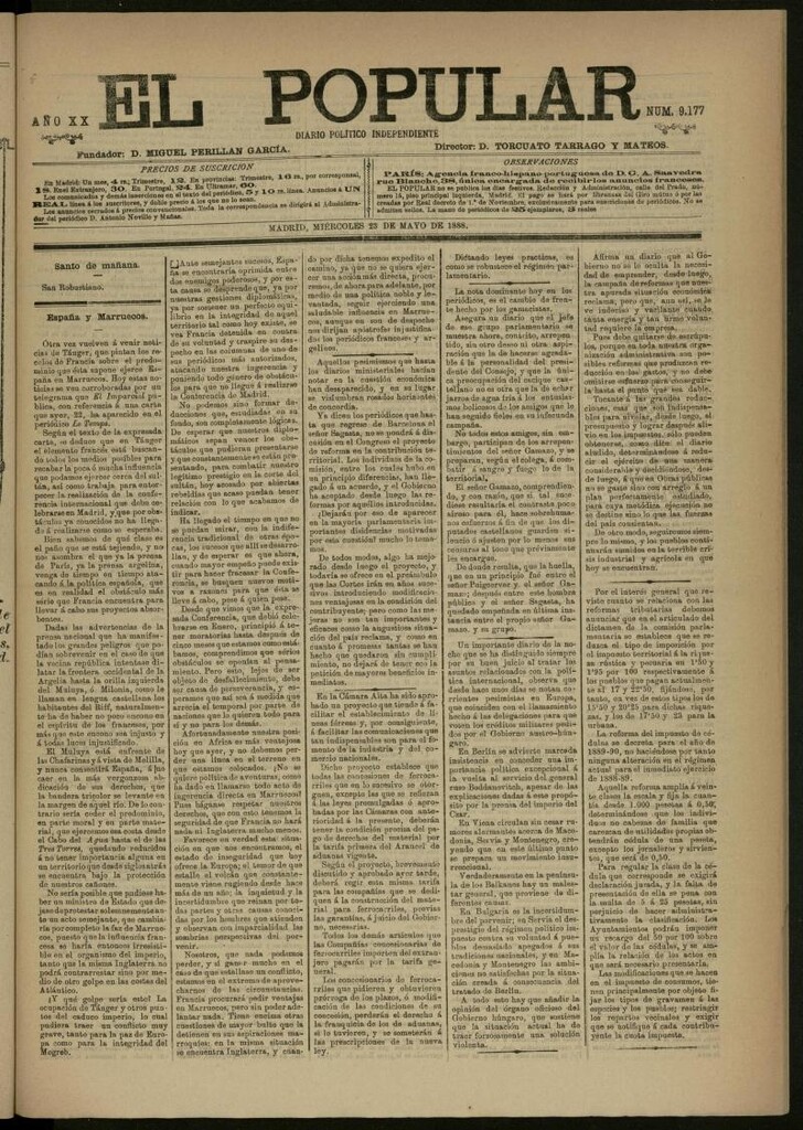 Miniatura de El Popular: diario independiente, político, literario y de noticias de interés general del 23 de mayo de 1888, nº 9177