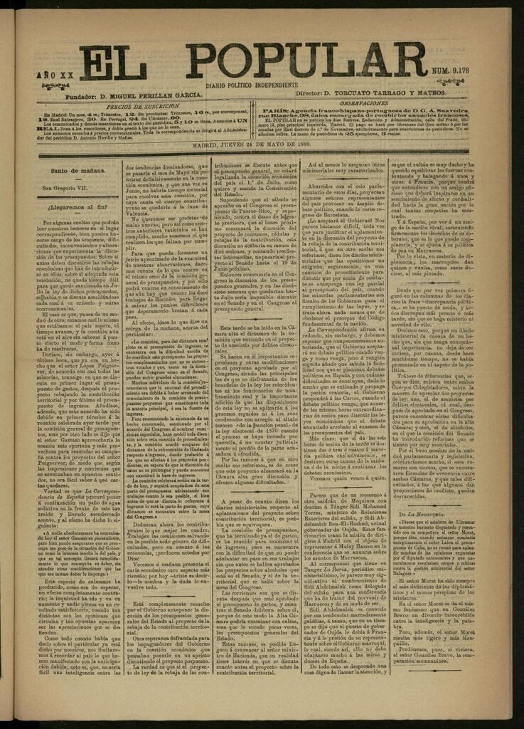 Miniatura de El Popular: diario independiente, político, literario y de noticias de interés general del 24 de mayo de 1888, nº 9178