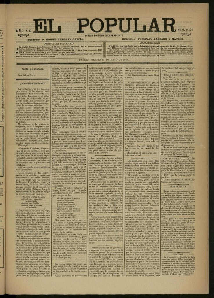 Miniatura de El Popular: diario independiente, político, literario y de noticias de interés general del 25 de mayo de 1888, nº 9179