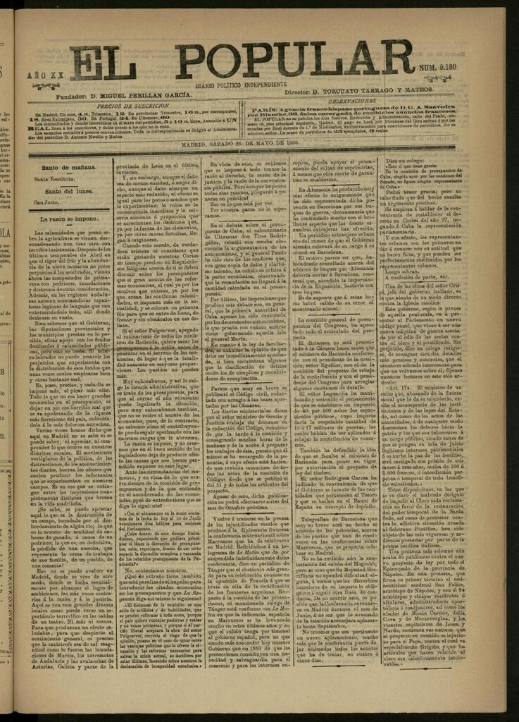 Miniatura de El Popular: diario independiente, político, literario y de noticias de interés general del 26 de mayo de 1888, nº 9180