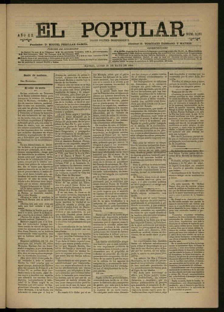 Miniatura de El Popular: diario independiente, político, literario y de noticias de interés general del 28 de mayo de 1888, nº 9181