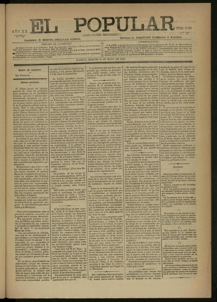 Miniatura de El Popular: diario independiente, político, literario y de noticias de interés general del 29 de mayo de 1888, nº 9182