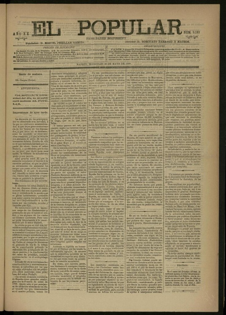 Miniatura de El Popular: diario independiente, político, literario y de noticias de interés general del 30 de mayo de 1888, nº 9183