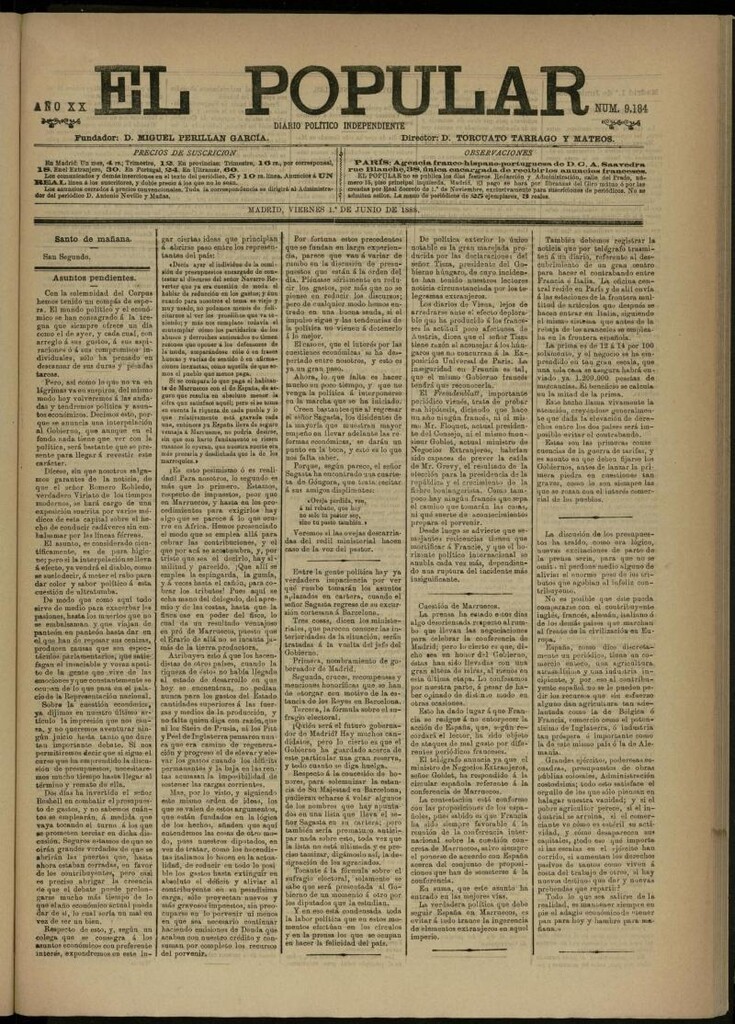 Miniatura de El Popular: diario independiente, político, literario y de noticias de interés general del 1 de junio de 1888, nº 9184