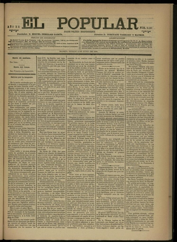 Miniatura de El Popular: diario independiente, político, literario y de noticias de interés general del 2 de junio de 1888, nº 9185