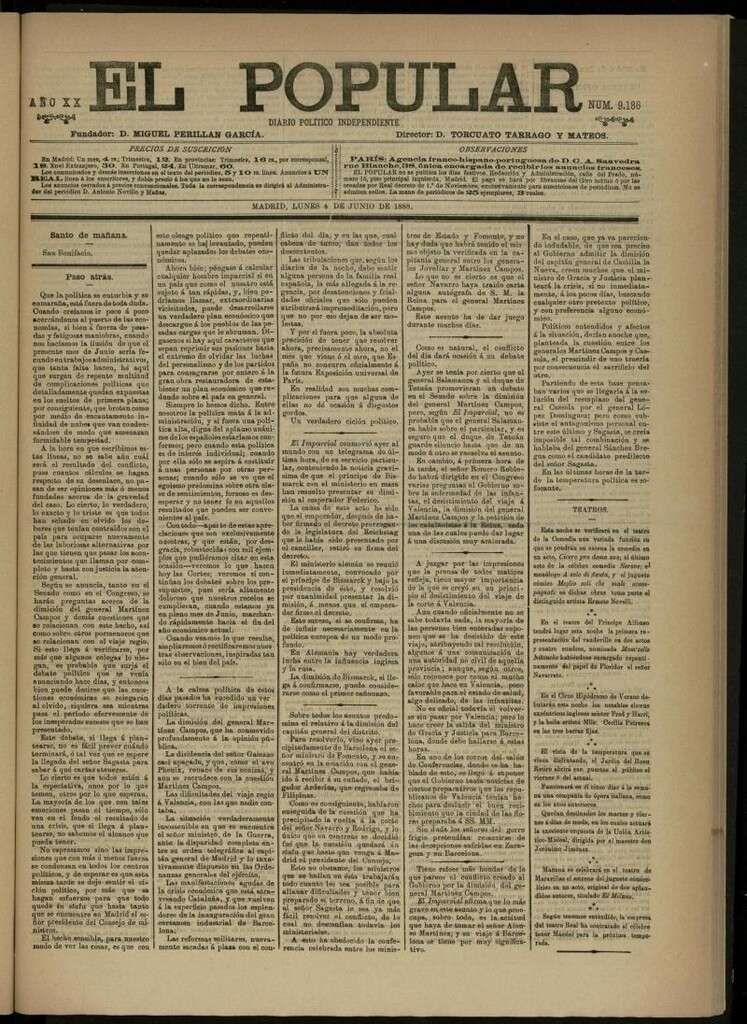Miniatura de El Popular: diario independiente, político, literario y de noticias de interés general del 4 de junio de 1888, nº 9186