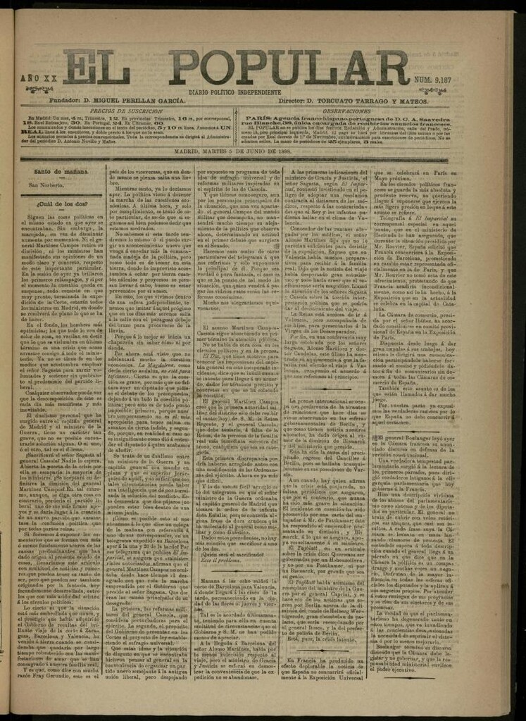 Miniatura de El Popular: diario independiente, político, literario y de noticias de interés general del 5 de junio de 1888, nº 9187