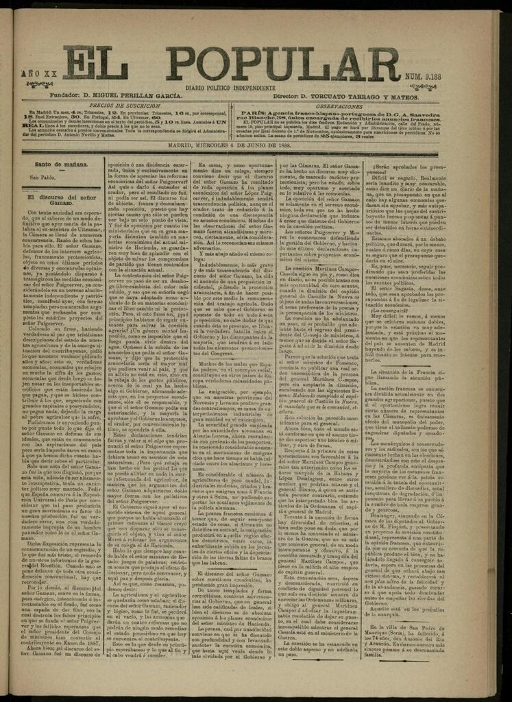 Miniatura de El Popular: diario independiente, político, literario y de noticias de interés general del 6 de junio de 1888, nº 9188