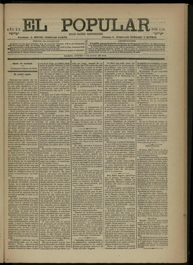 Miniatura de El Popular: diario independiente, político, literario y de noticias de interés general del 7 de junio de 1888, nº 9189
