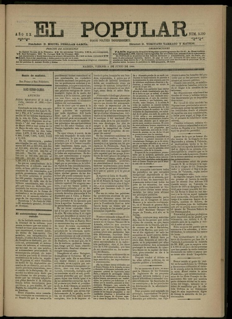 Miniatura de El Popular: diario independiente, político, literario y de noticias de interés general del 8 de junio de 1888, nº 9190