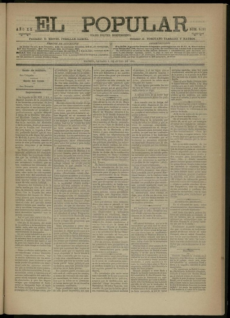 Miniatura de El Popular: diario independiente, político, literario y de noticias de interés general del 9 de junio de 1888, nº 9191