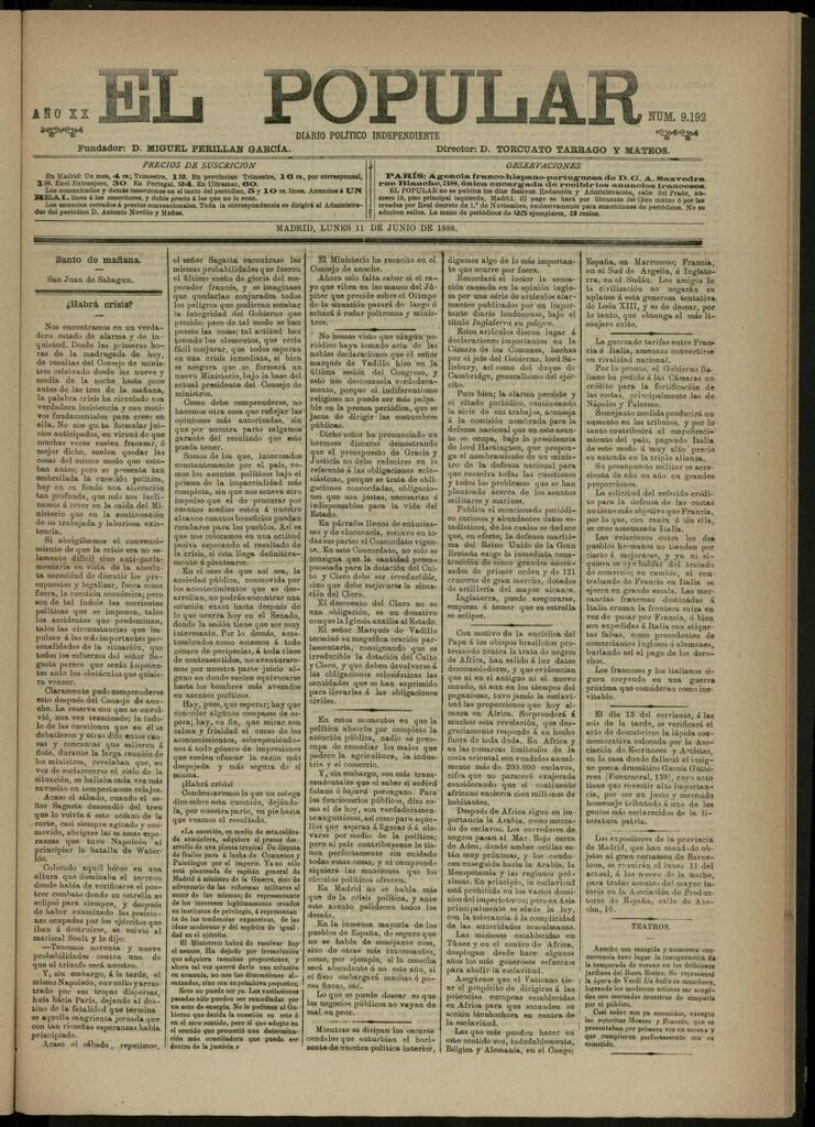 Miniatura de El Popular: diario independiente, político, literario y de noticias de interés general del 11 de junio de 1888, nº 9192