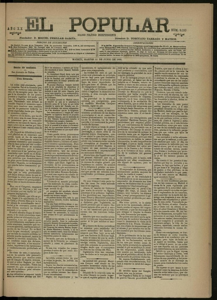 Miniatura de El Popular: diario independiente, político, literario y de noticias de interés general del 12 de junio de 1888, nº 9193