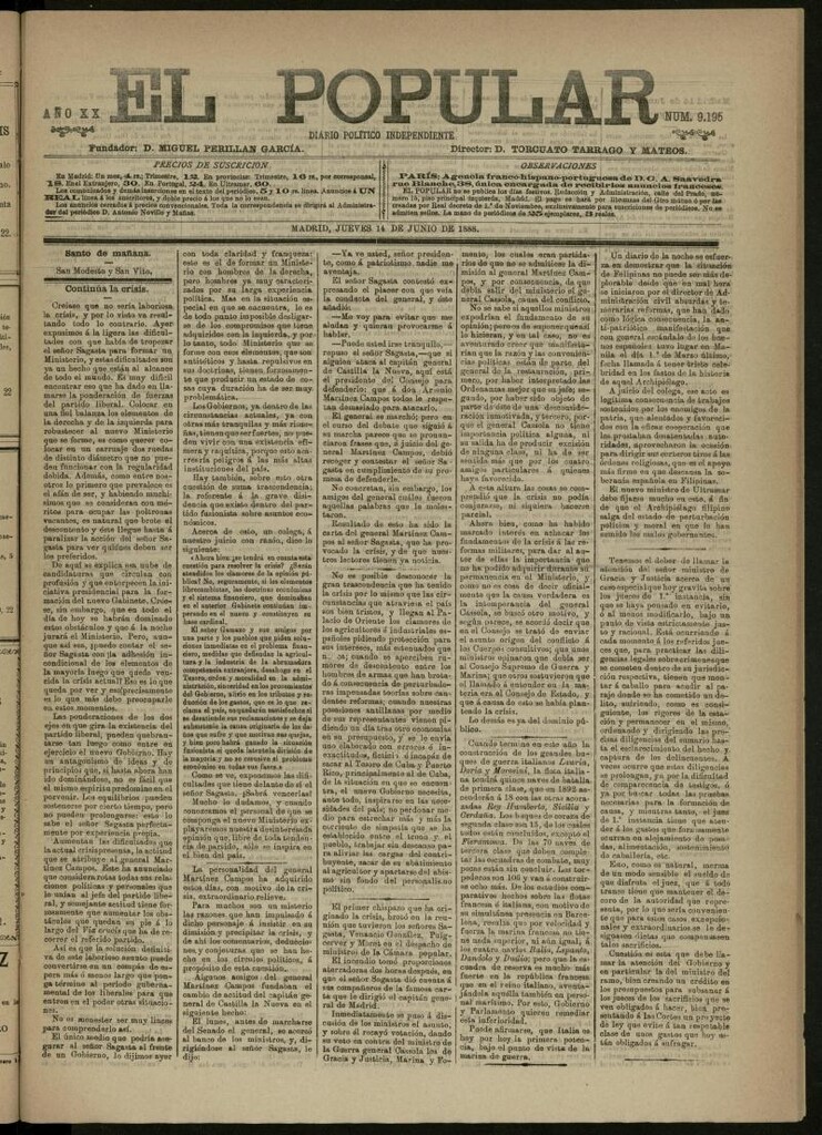 Miniatura de El Popular: diario independiente, político, literario y de noticias de interés general del 14 de junio de 1888, nº 9195