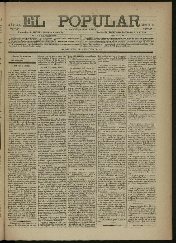 Miniatura de El Popular: diario independiente, político, literario y de noticias de interés general del 15 de junio de 1888, nº 9196