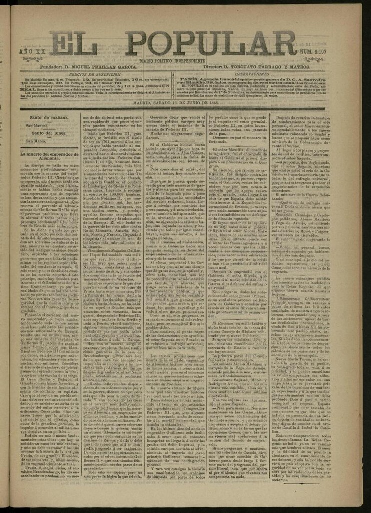 Miniatura de El Popular: diario independiente, político, literario y de noticias de interés general del 16 de junio de 1888, nº 9197