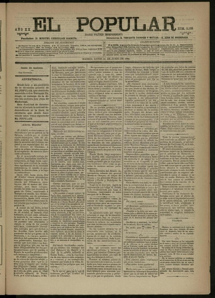 Miniatura de El Popular: diario independiente, político, literario y de noticias de interés general del 18 de junio de 1888, nº 9198