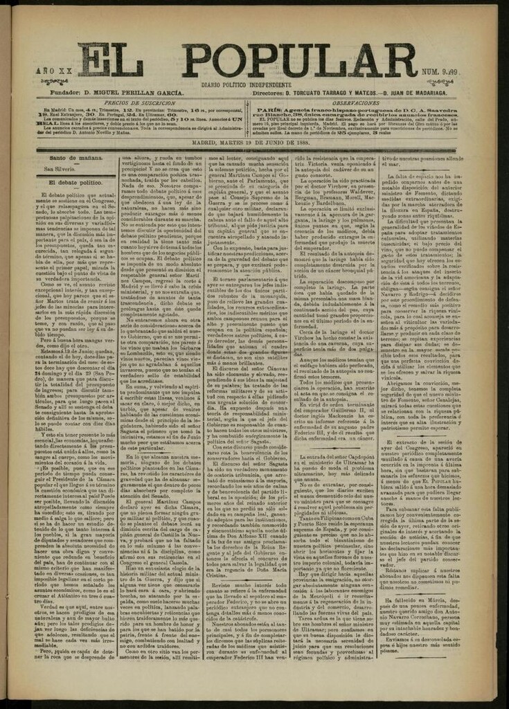 Miniatura de El Popular: diario independiente, político, literario y de noticias de interés general del 19 de junio de 1888, nº 9199