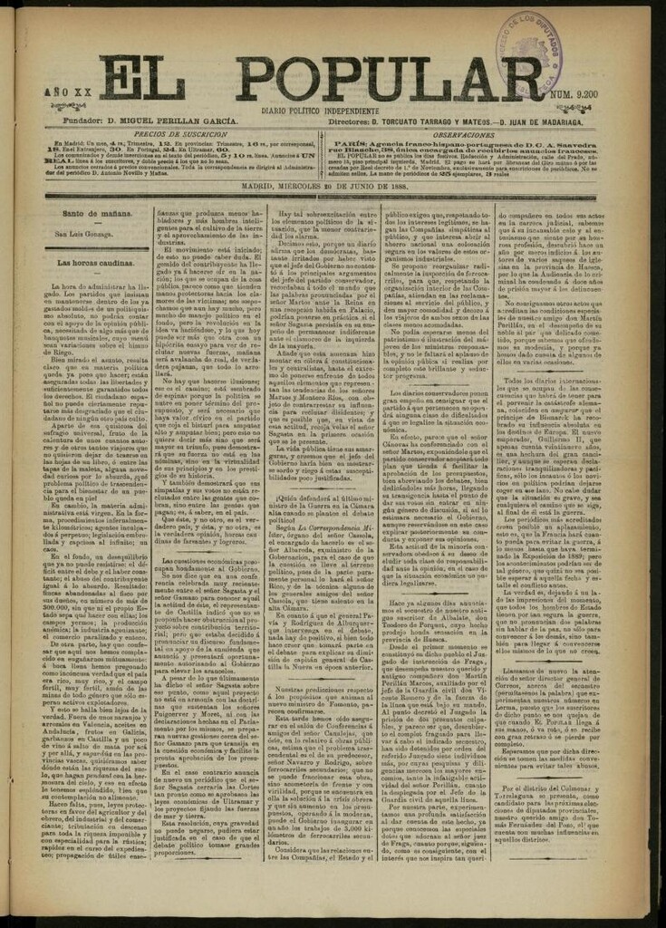 Miniatura de El Popular: diario independiente, político, literario y de noticias de interés general del 20 de junio de 1888, nº 9200