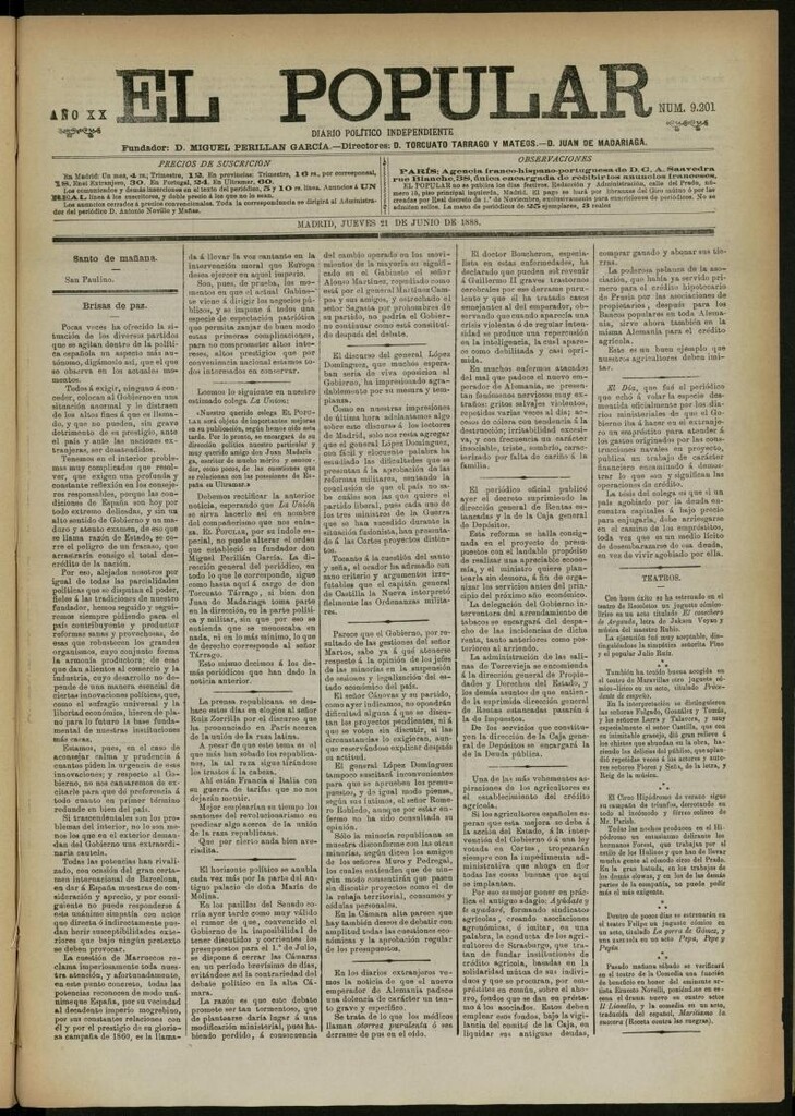 Miniatura de El Popular: diario independiente, político, literario y de noticias de interés general del 21 de junio de 1888, nº 9201