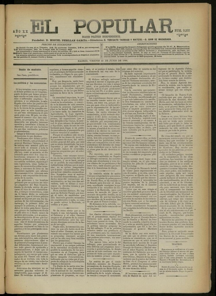 Miniatura de El Popular: diario independiente, político, literario y de noticias de interés general del 22 de junio de 1888, nº 9202