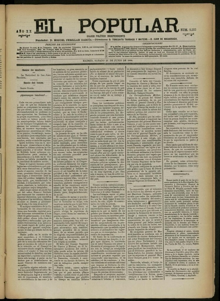 Miniatura de El Popular: diario independiente, político, literario y de noticias de interés general del 23 de junio de 1888, nº 9203