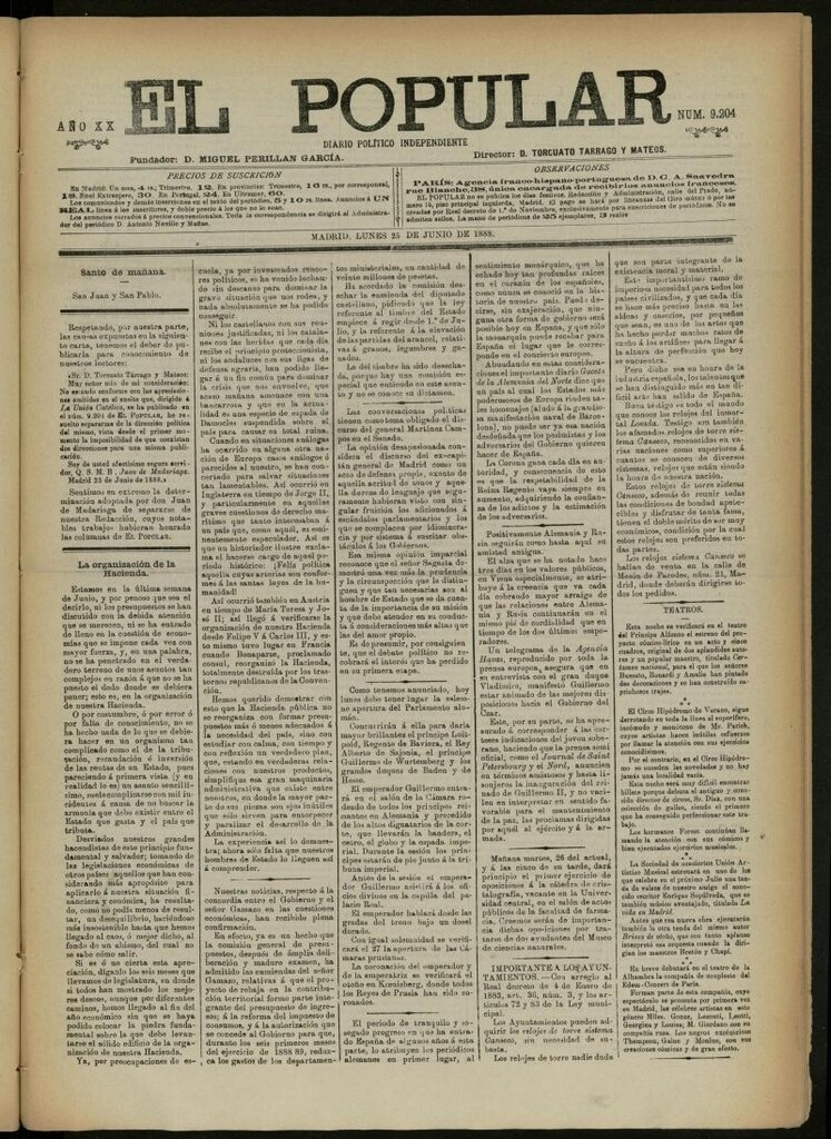 Miniatura de El Popular: diario independiente, político, literario y de noticias de interés general del 25 de junio de 1888, nº 9204