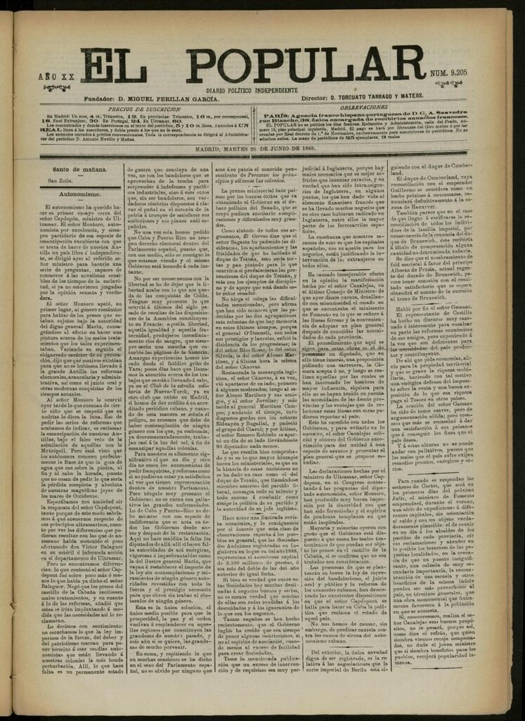 Miniatura de El Popular: diario independiente, político, literario y de noticias de interés general del 26 de junio de 1888, nº 9205