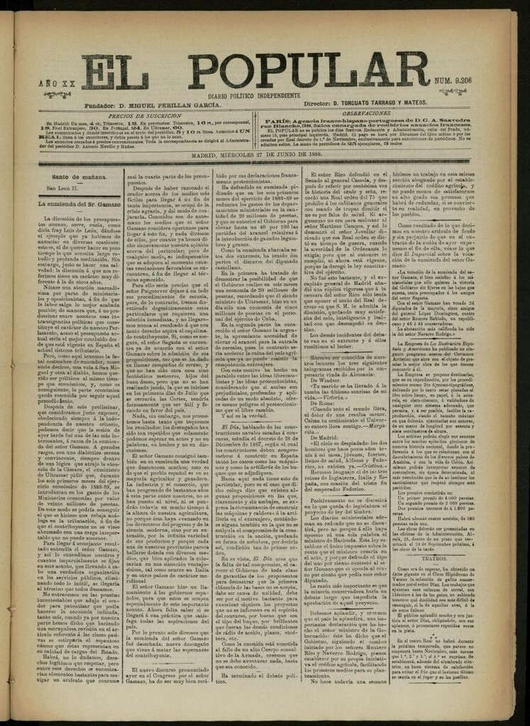 Miniatura de El Popular: diario independiente, político, literario y de noticias de interés general del 27 de junio de 1888, nº 9206
